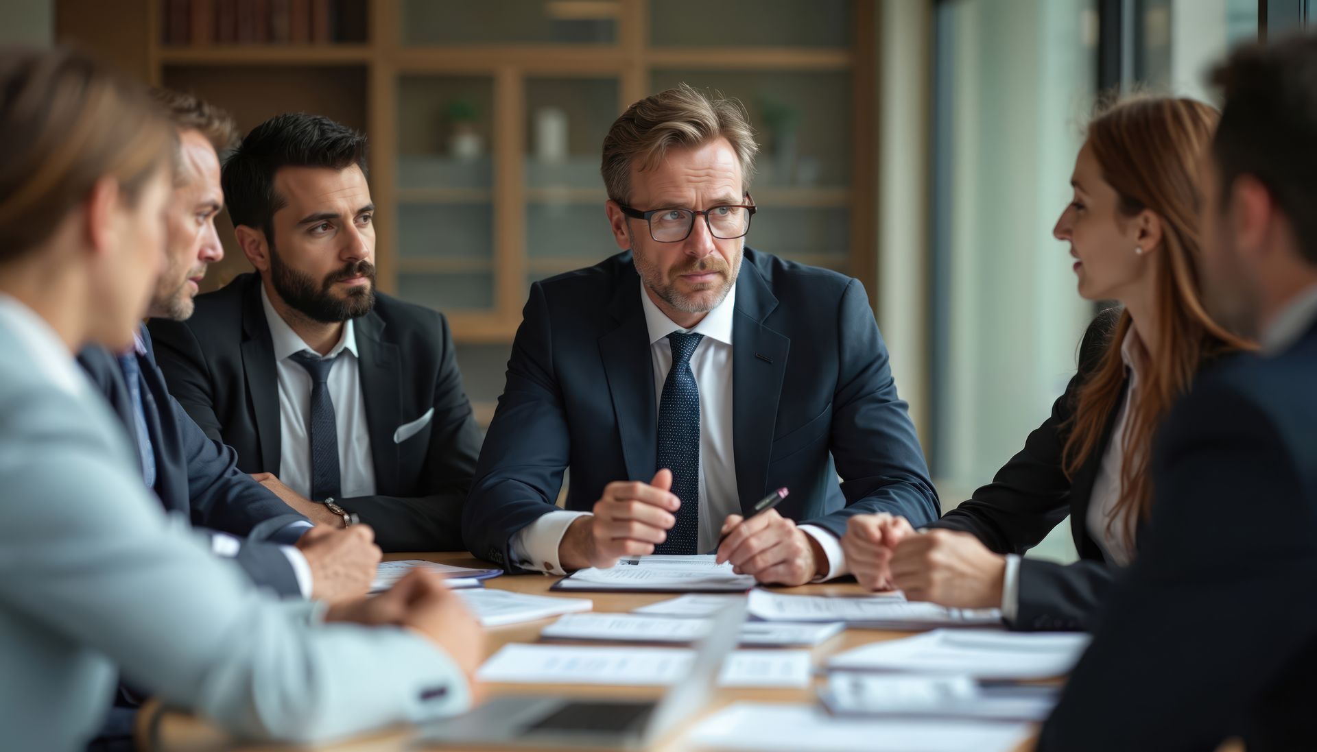 Group lawyers collaborate in law firm conference room. Group lawyers collaborate in law firm conference room.