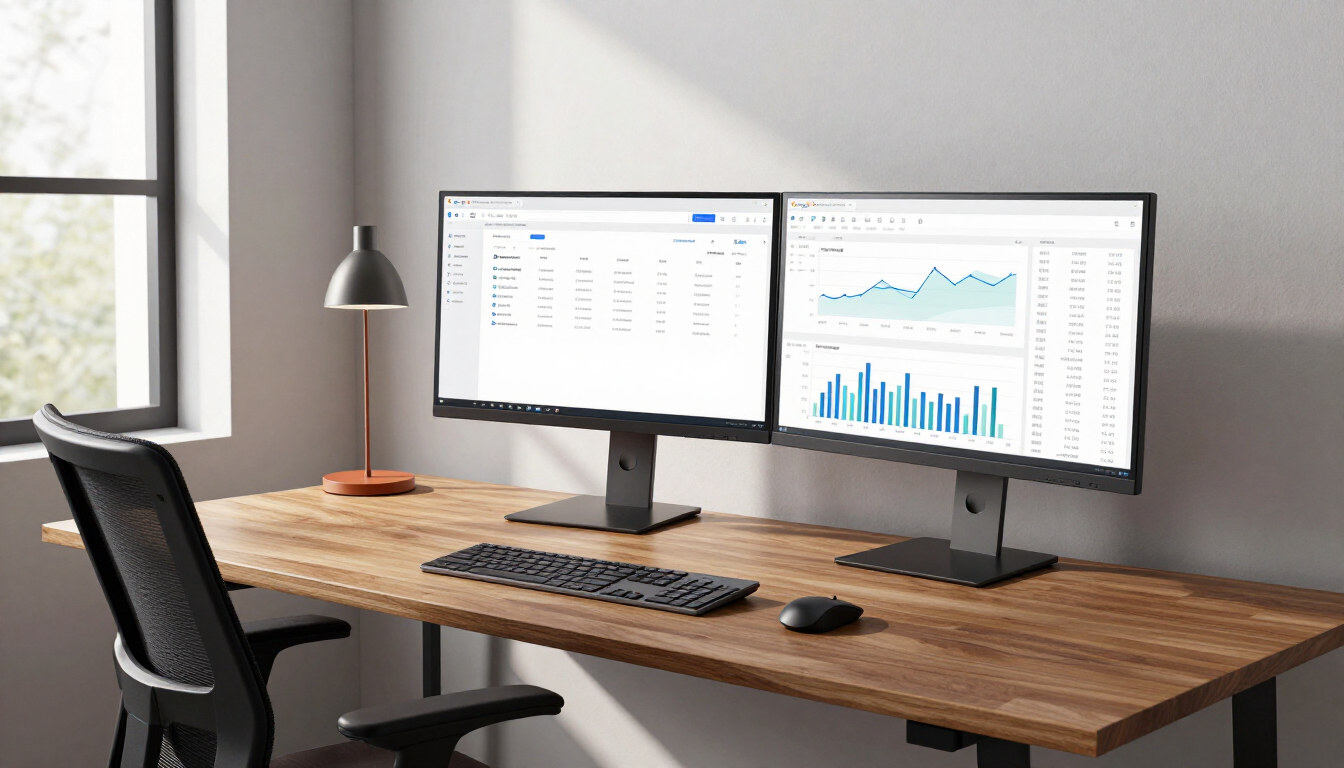Modern office desk with screens showing how to add social media to Google Search Console for better SEO.