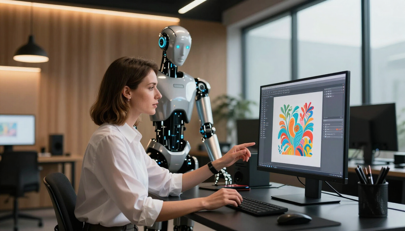 AI and human creativity merging in a digital workspace
