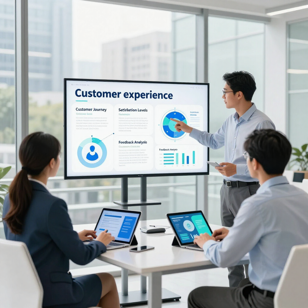 Business team in a bright office reviews a customer experience dashboard during a presentation