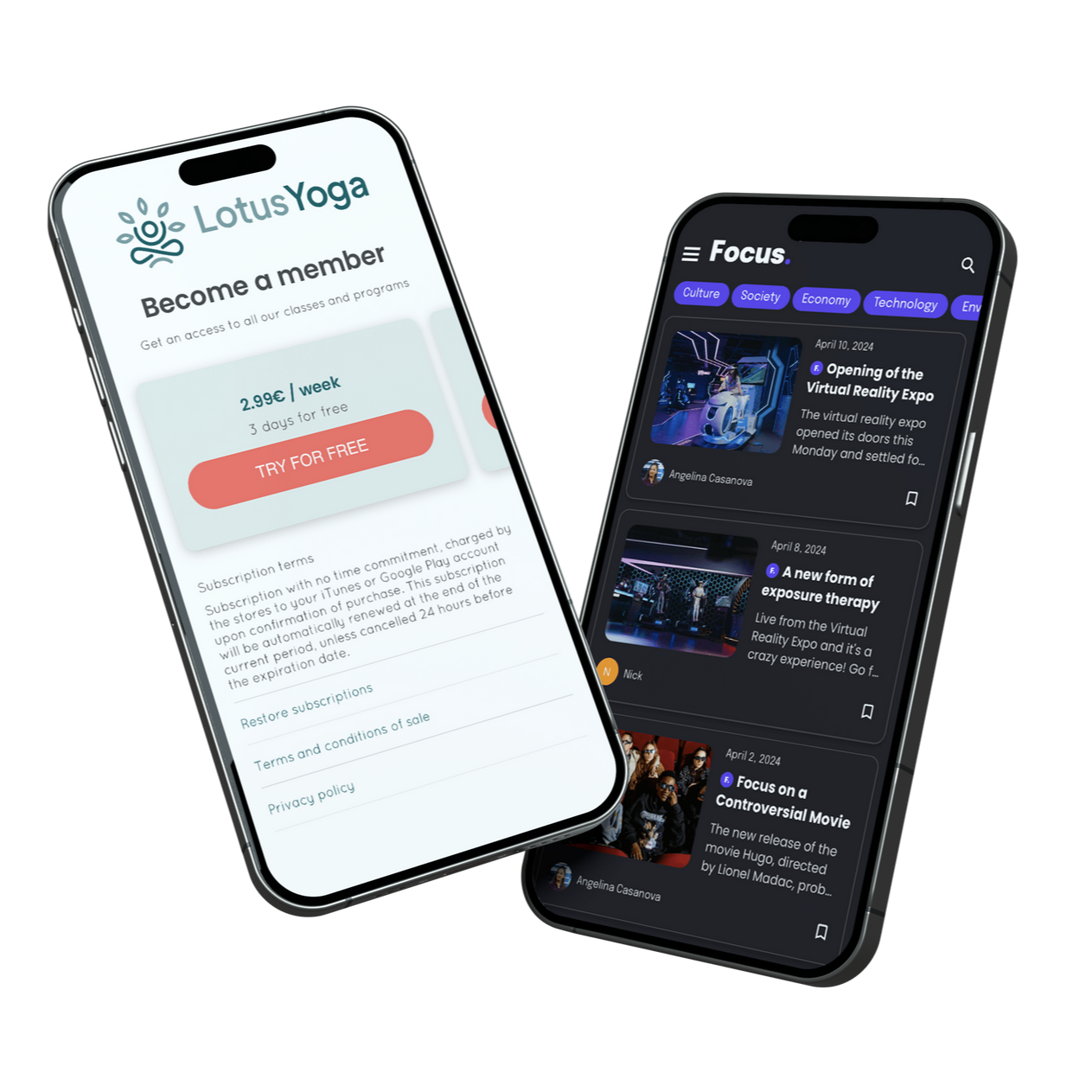 Two tilted smartphones showing app screens on white and dark themes