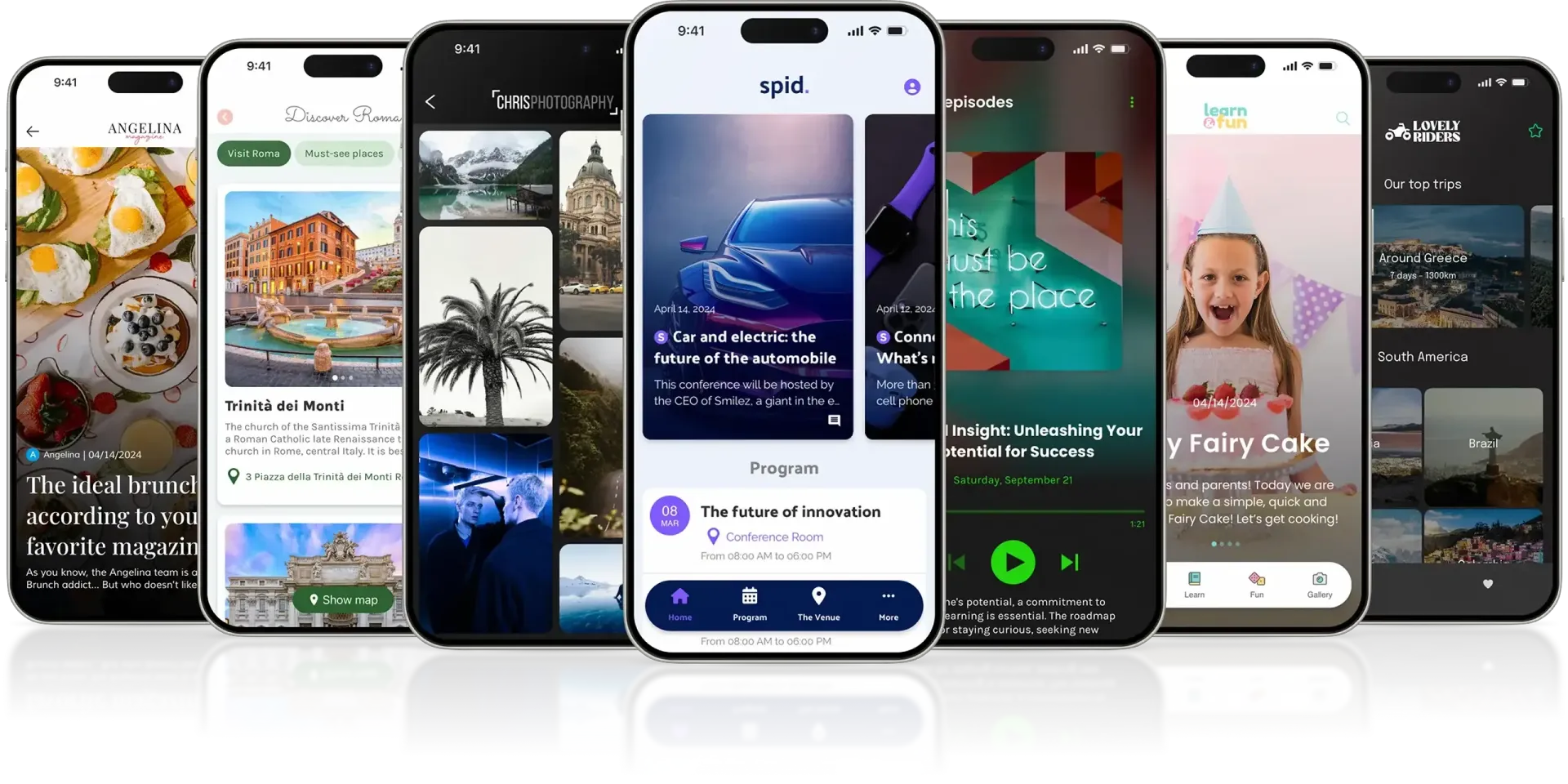 Row of smartphones displaying colorful app screens in a mobile app showcase for music, photos, and social feeds