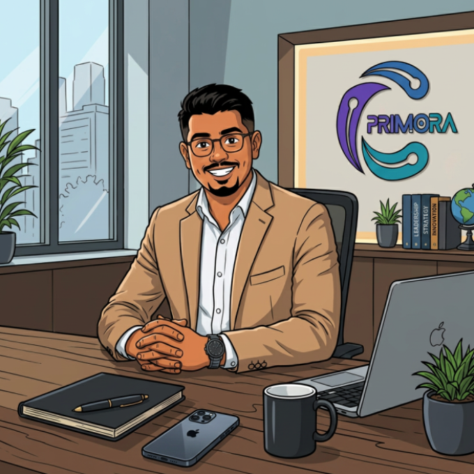 Smiling man in tan blazer at a desk in an office, with laptop, notebook, phone, and company logo behind him