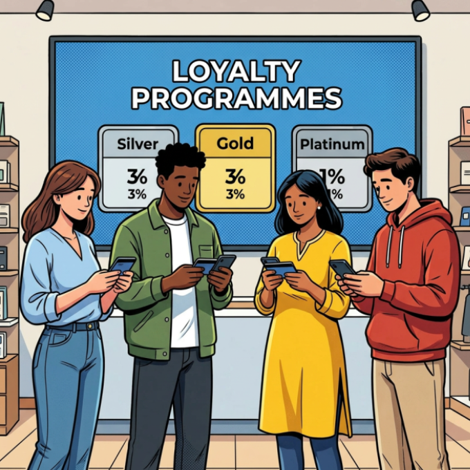 People using phones beside a loyalty programmes sign with Silver, Gold, and Platinum tiers.