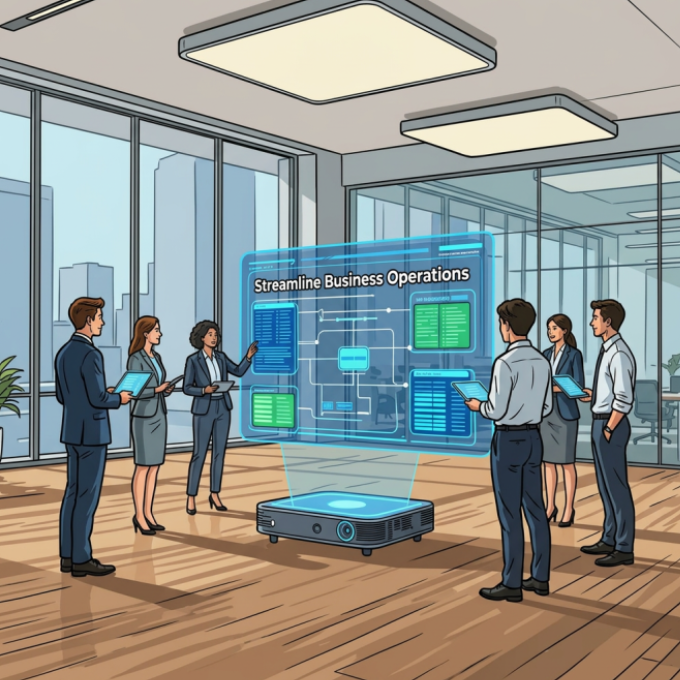 Team meeting in a glass conference room with a digital dashboard labeled “Streamline Business Operations.”