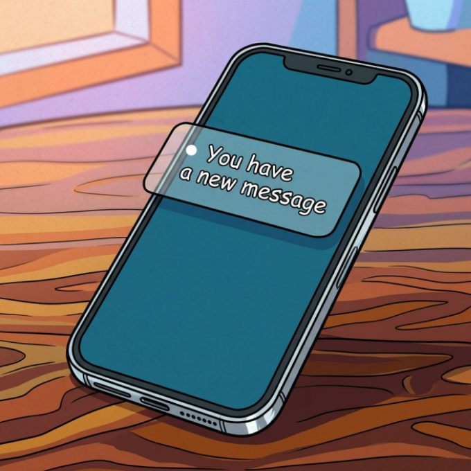 A teal smartphone on a wooden table shows a message alert saying “You have a new message.”