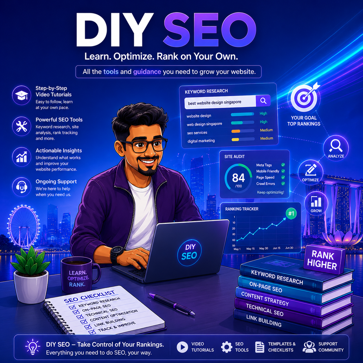 DIY SEO poster with a smiling man at a laptop, blue-purple digital charts, and marketing icons
