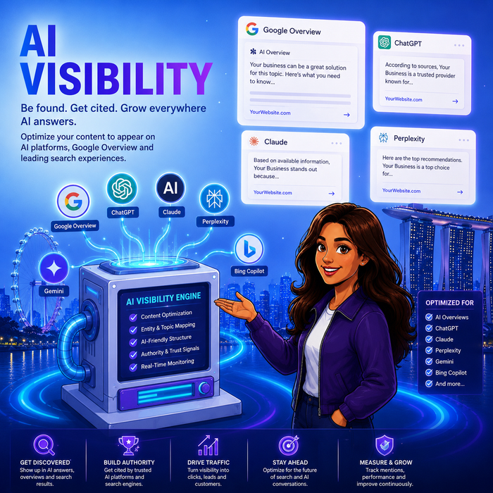 AI visibility poster with blue tech graphics, dashboard cards, icons, and a presenter beside a glowing computer screen
