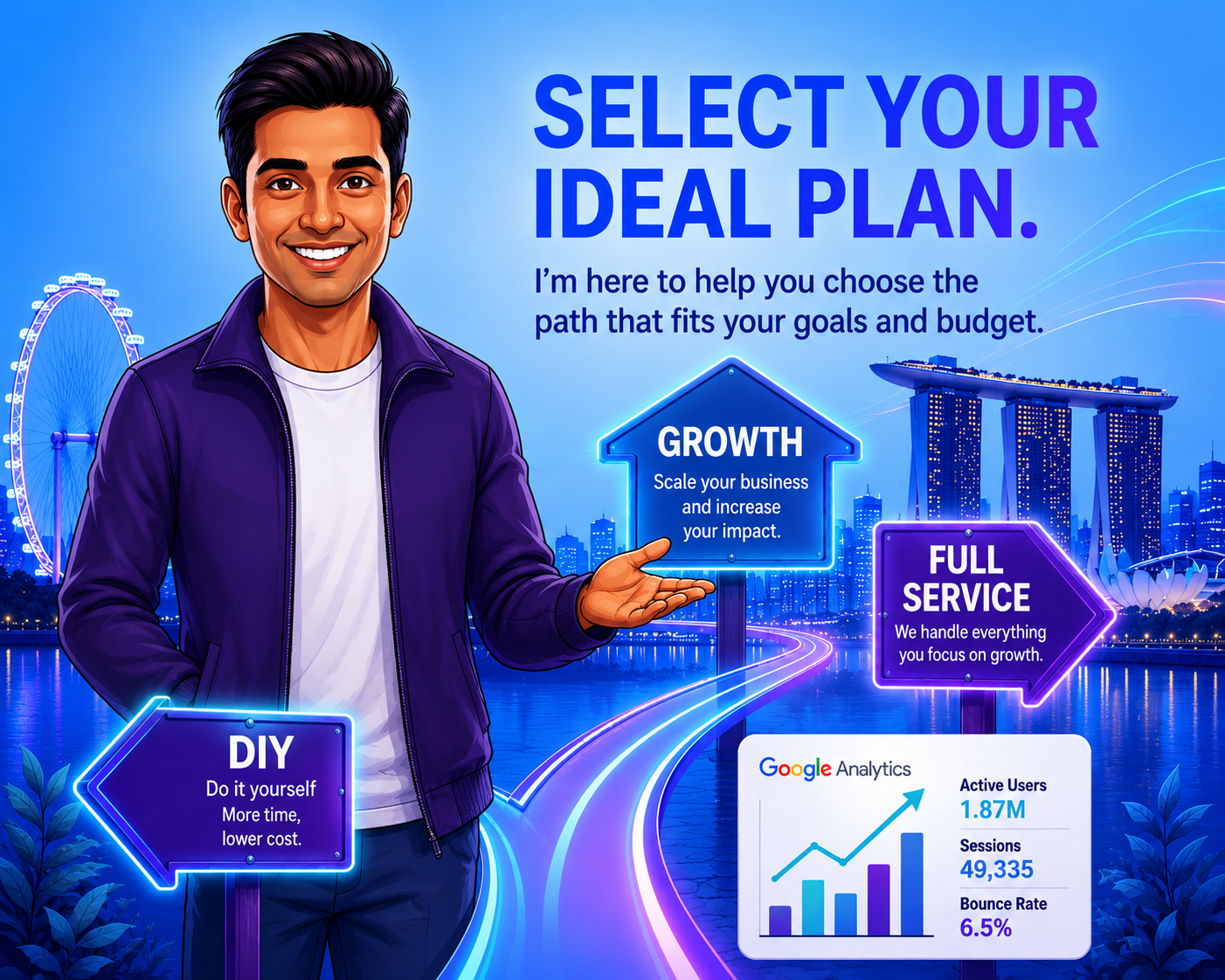Graphic with smiling presenter and “Select your ideal plan” options: DIY, Growth, and Full Service.