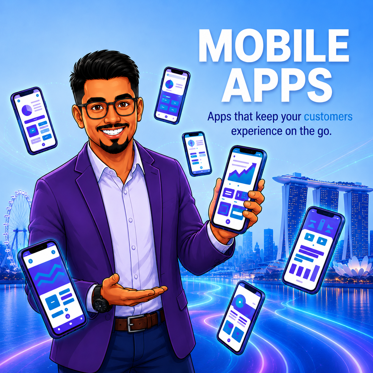 Illustration of a man in a purple suit holding smartphones, with “MOBILE APPS” text and floating app screens.