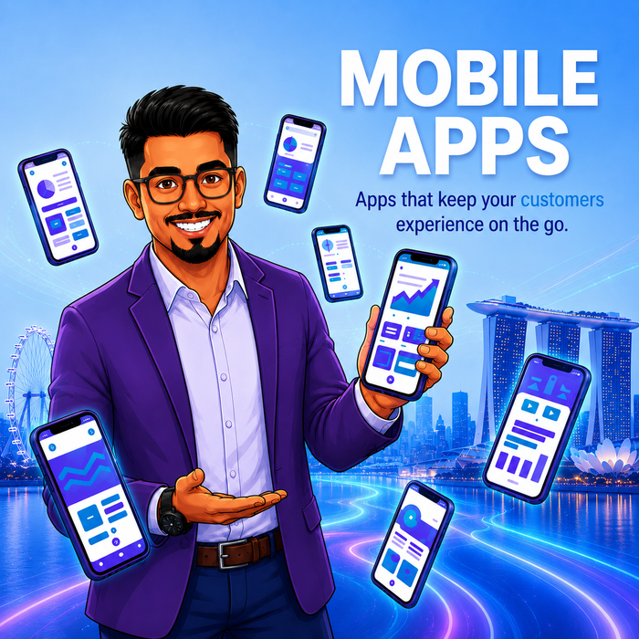 Man in purple blazer holding a phone, surrounded by floating mobile app screens and the text “MOBILE APPS”