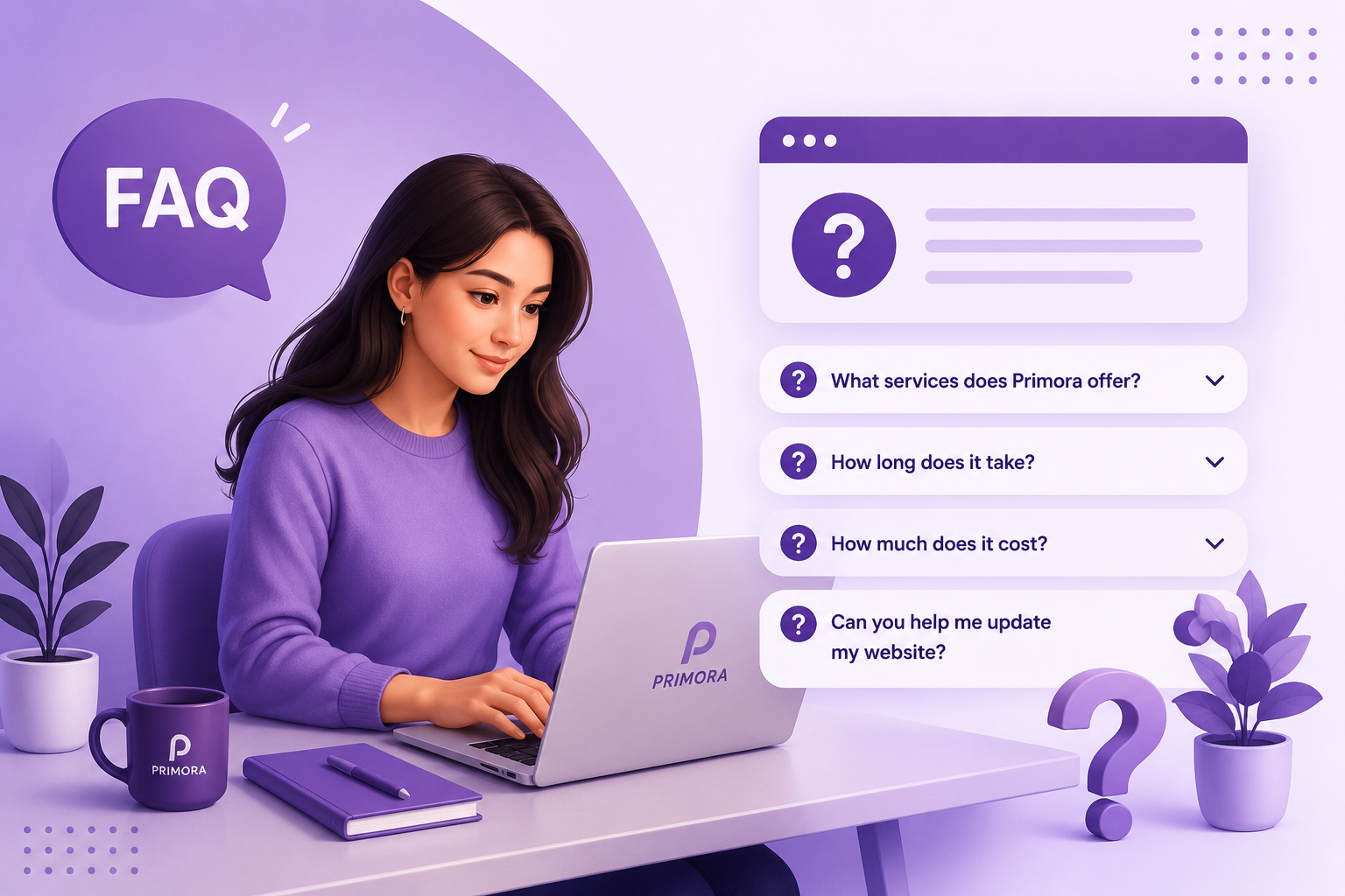 Woman in a purple sweater using a laptop beside an FAQ panel with question icons