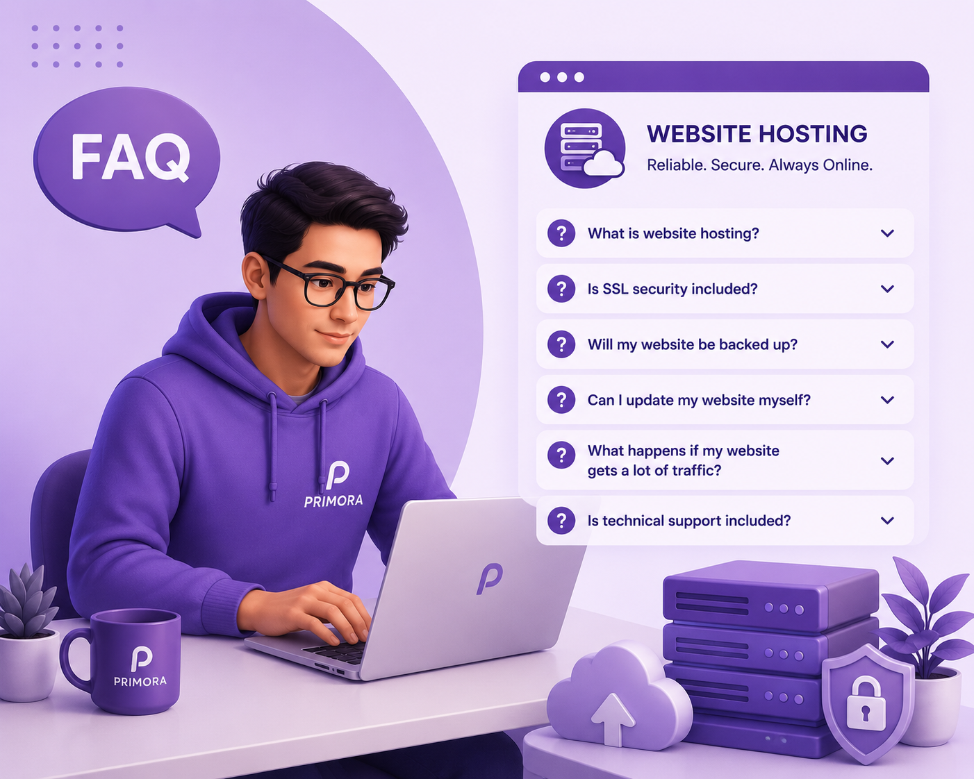 Purple-themed FAQ website hosting illustration with a person using a laptop beside question icons and server stacks