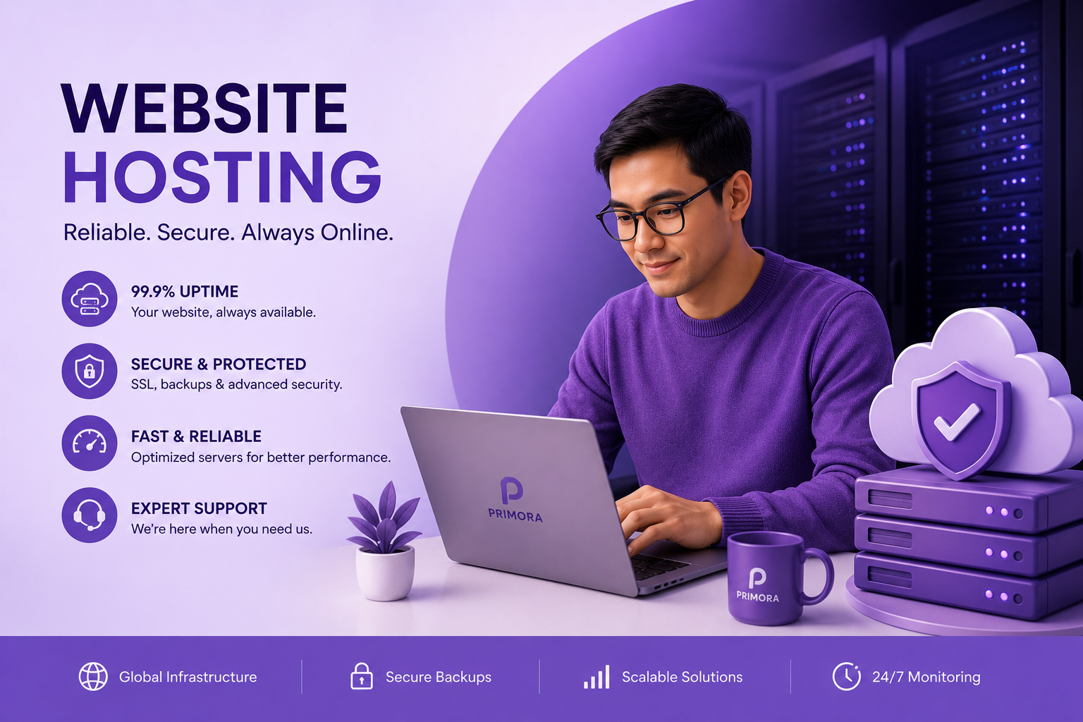 Purple website hosting promo with man using laptop beside server racks and feature icons