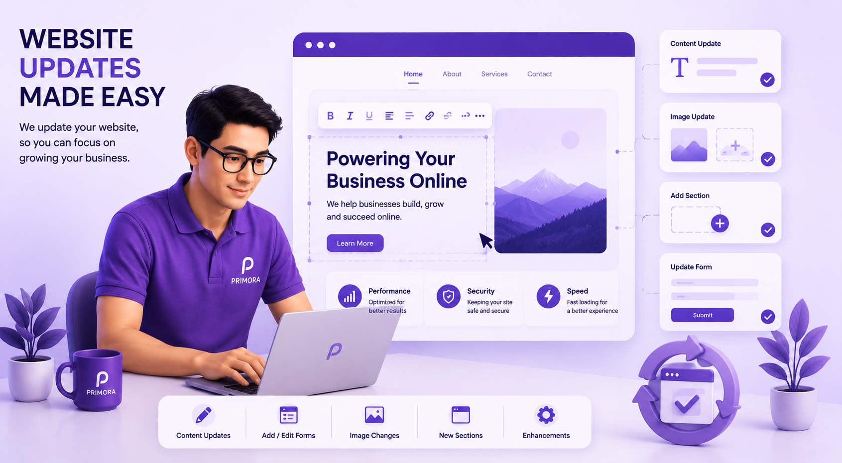 Purple website design promo with a person at a laptop and UI mockups on a clean, modern background