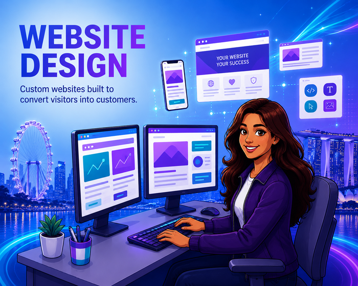 Website design workspace with a woman at a desk using multiple monitors in a purple-blue office cityscape