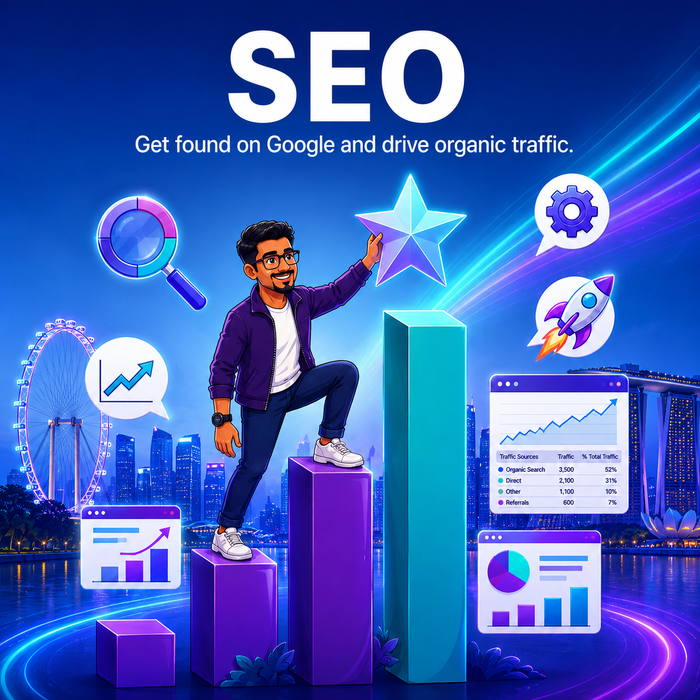 SEO marketing illustration with charts, search icons, and a person presenting growth bars in neon blue and purple