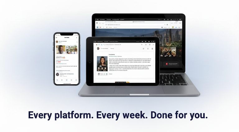 Laptop, tablet, and phone showing a content dashboard with the text “Every platform. Every week. Done for you.”