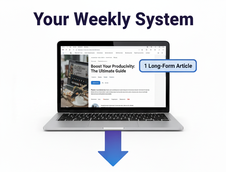 Weekly content workflow graphic showing a laptop, “1 Long-Form Article” label, and downward arrow under “Your Weekly System”