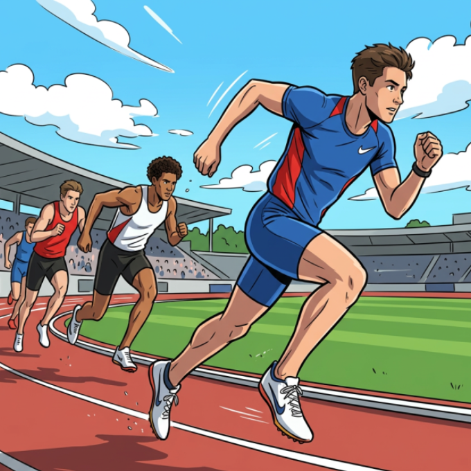Three runners sprint on a track, with a blue-and-red runner leading under a bright sky.