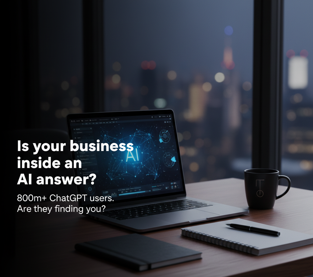 Laptop on a desk in a dim office with a mug and notebook, promoting AI chatbots for business.