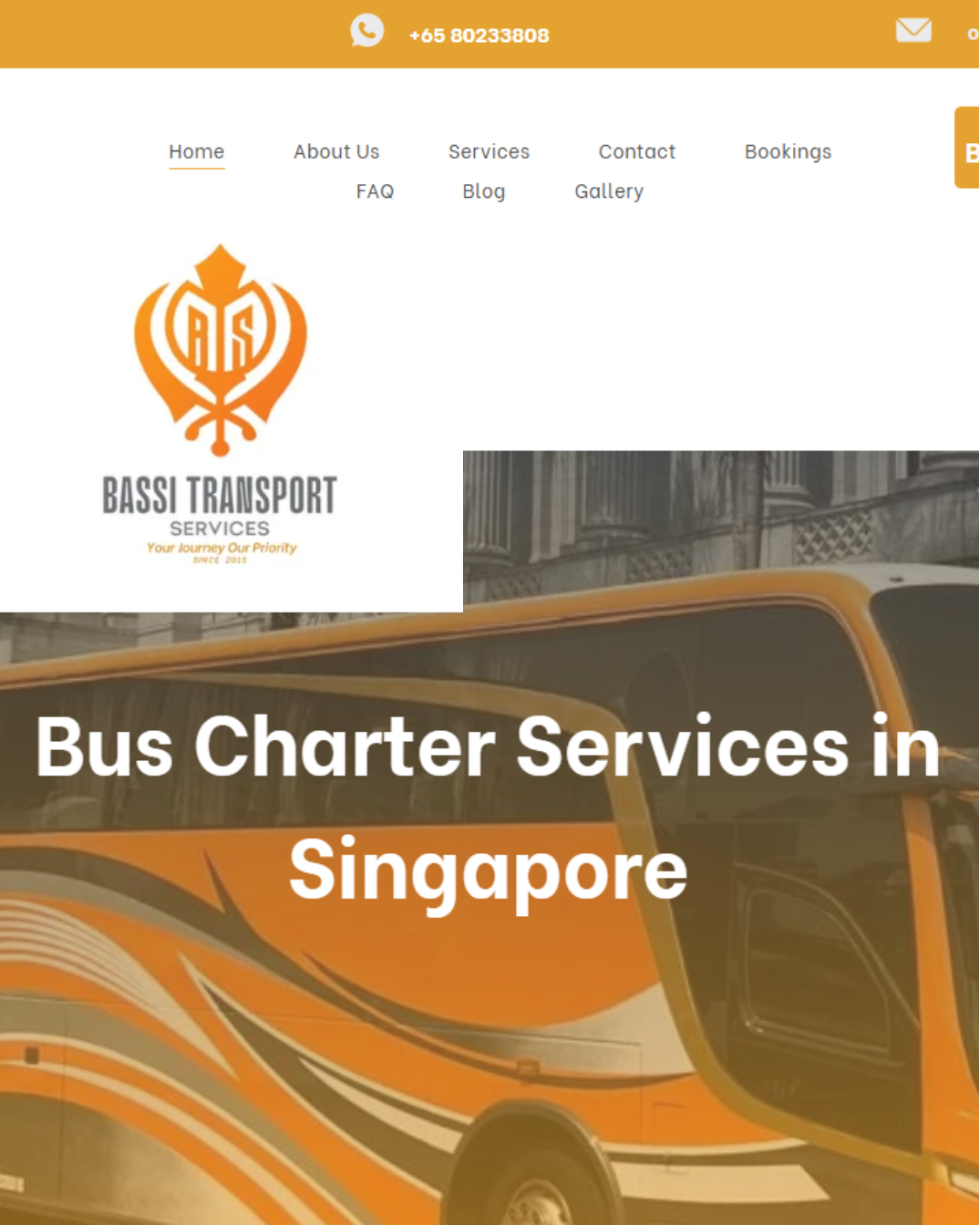 Bus Transport website homepage with orange banner and text “Bus Charter Services in Singapore”