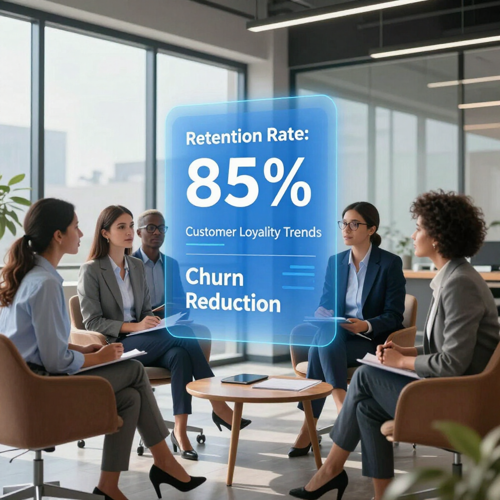 Business meeting in a glass office with a blue overlay reading “Retention Rate: 85%” and “Churn Reduction.”