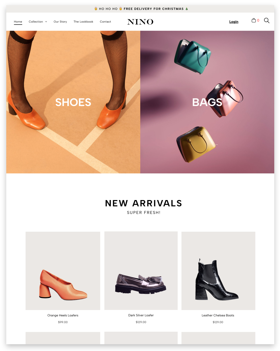 Online fashion store homepage with shoes and bags promotions and new arrivals section