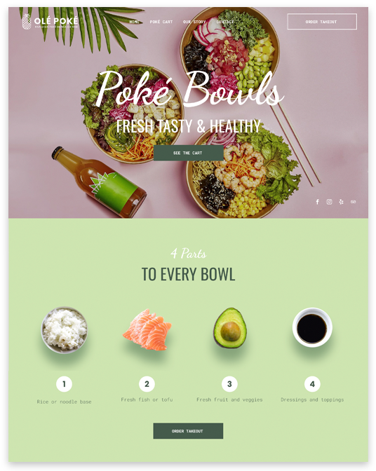 Poke bowls restaurant landing page with colorful bowls, avocado, salmon, rice, and green pastel sections