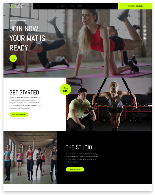 Gym studio website layout with fitness class photos and neon green call-to-action buttons