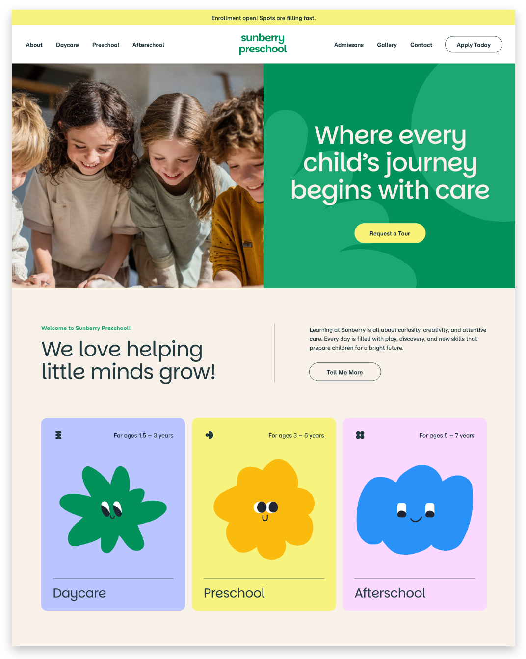 Childcare website homepage with two children, green hero banner, and colorful section cards for ages 2–6.