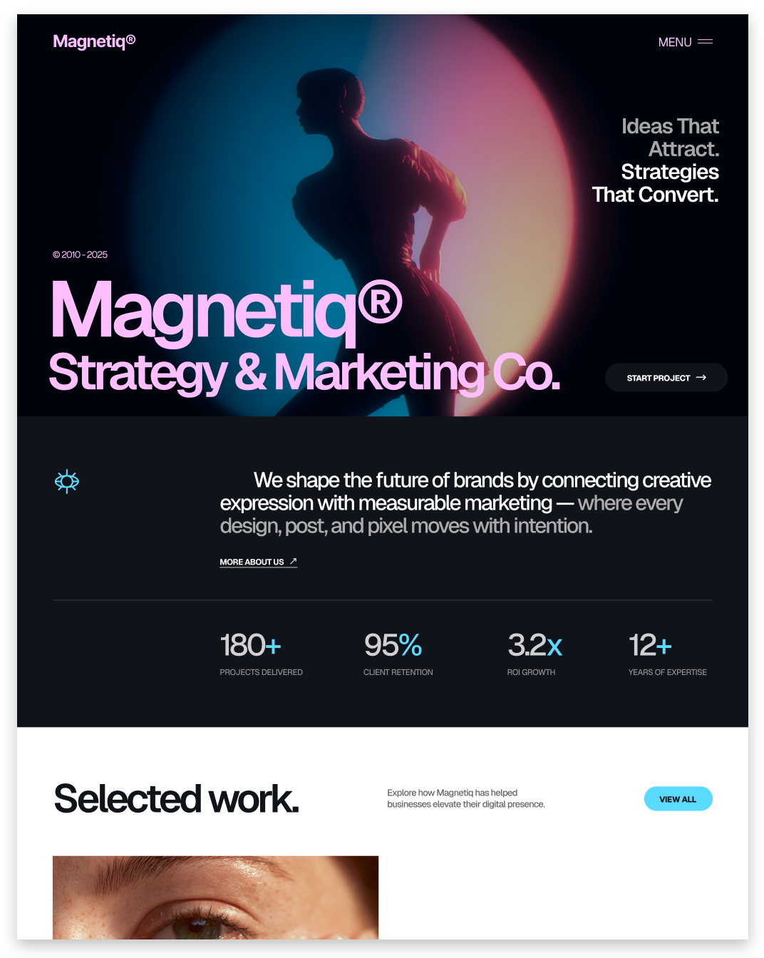 Magnetic Strategy & Marketing Co. homepage with neon pink title, silhouette, and dark gradient hero banner