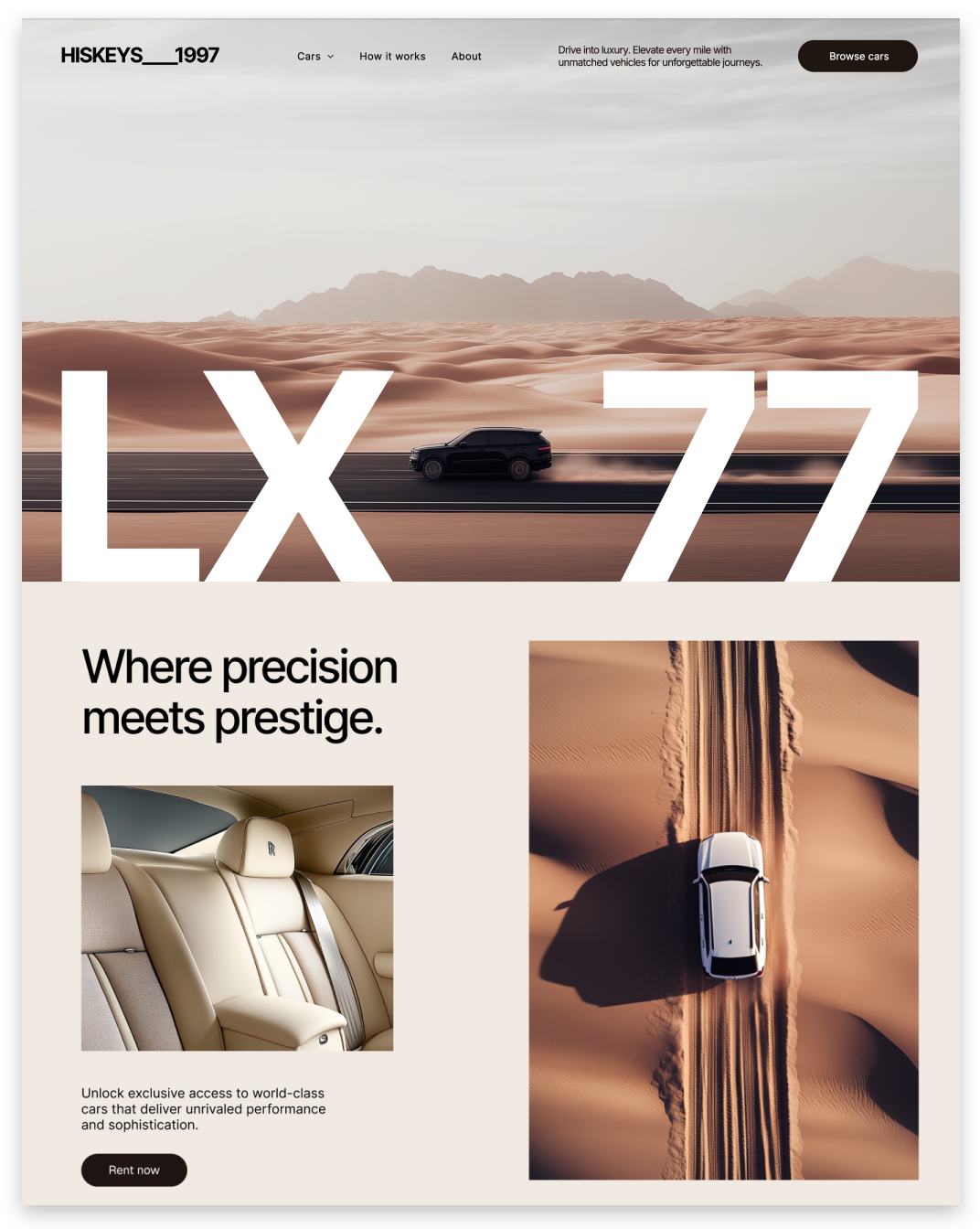 Luxury Lexus LX 77 ad with desert SUV, tan leather interior, and “Where precision meets prestige” text