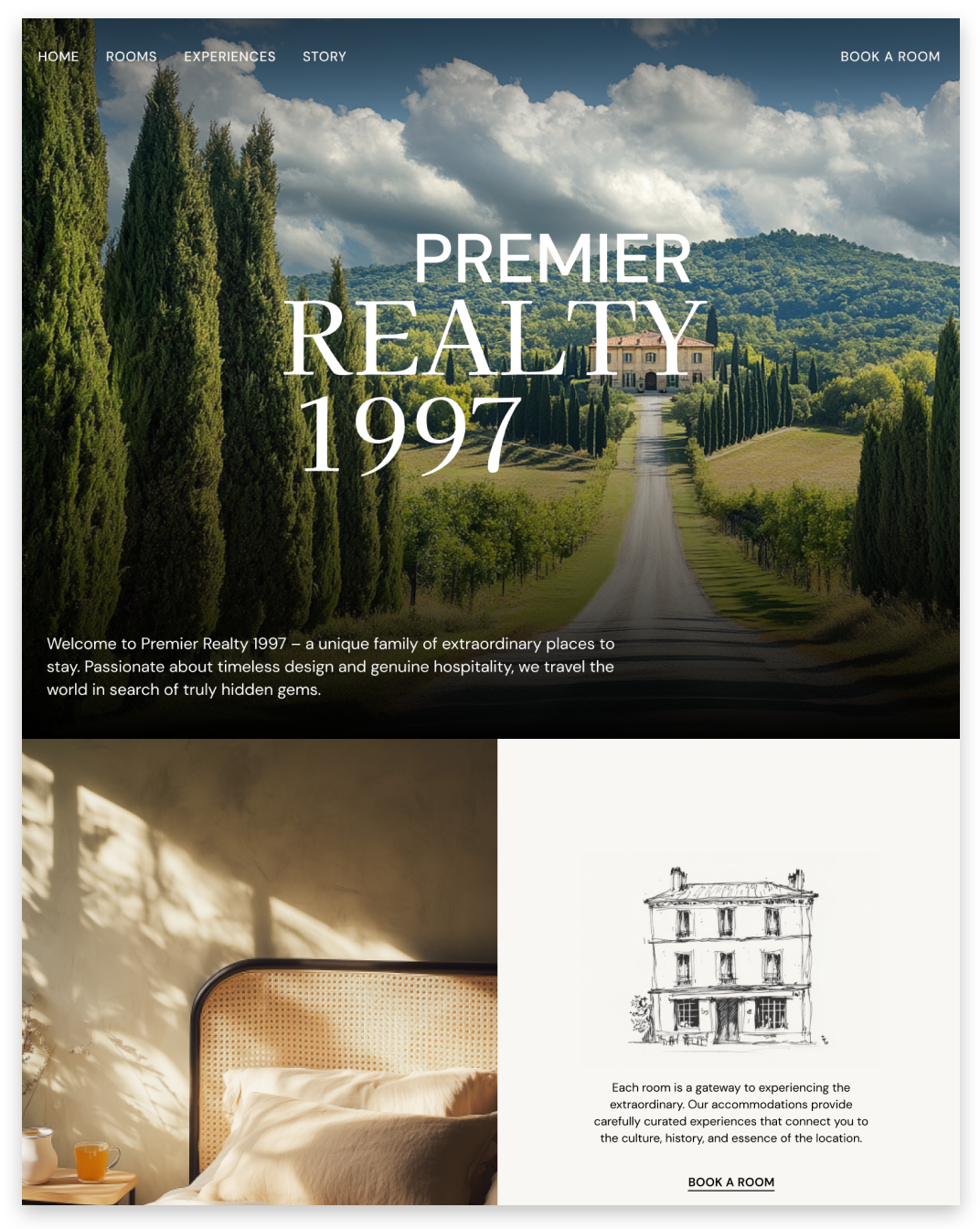 Premier Realty 1997 poster with mountain road landscape and modern interior design panels