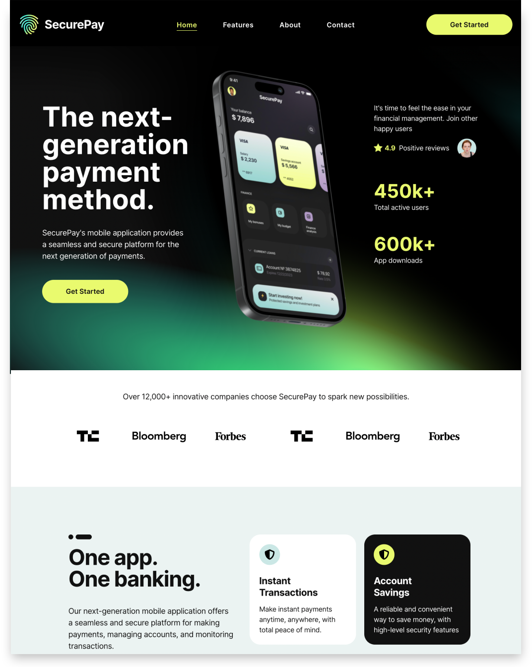 Dark fintech landing page with smartphone mockup, bold payment headline, and green call-to-action button