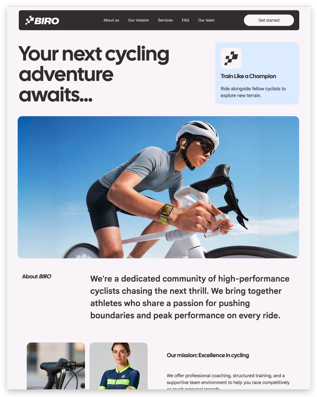 Cyclist riding on a bright blue-sky website hero banner with headline “Your next cycling adventure awaits.”