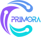 PRIMORA logo with a purple, blue, and teal abstract circular swoosh design