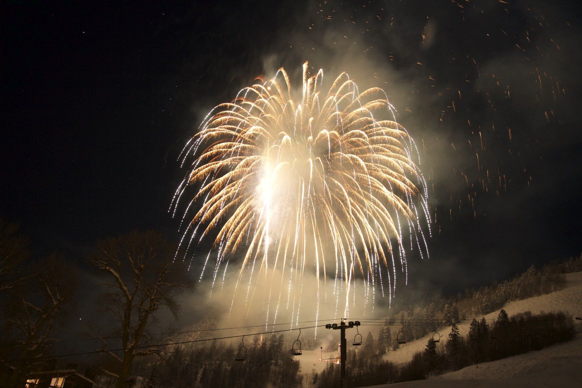 Fireworks burst over a snowy mountain at night.