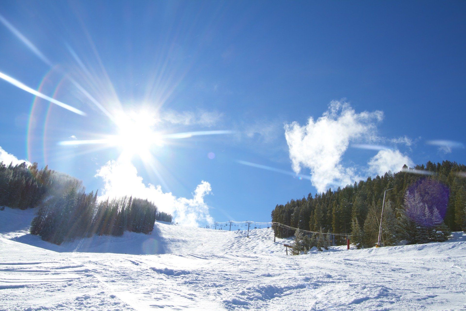 Bright sun over a snowy ski slope with evergreen trees and a blue sky.