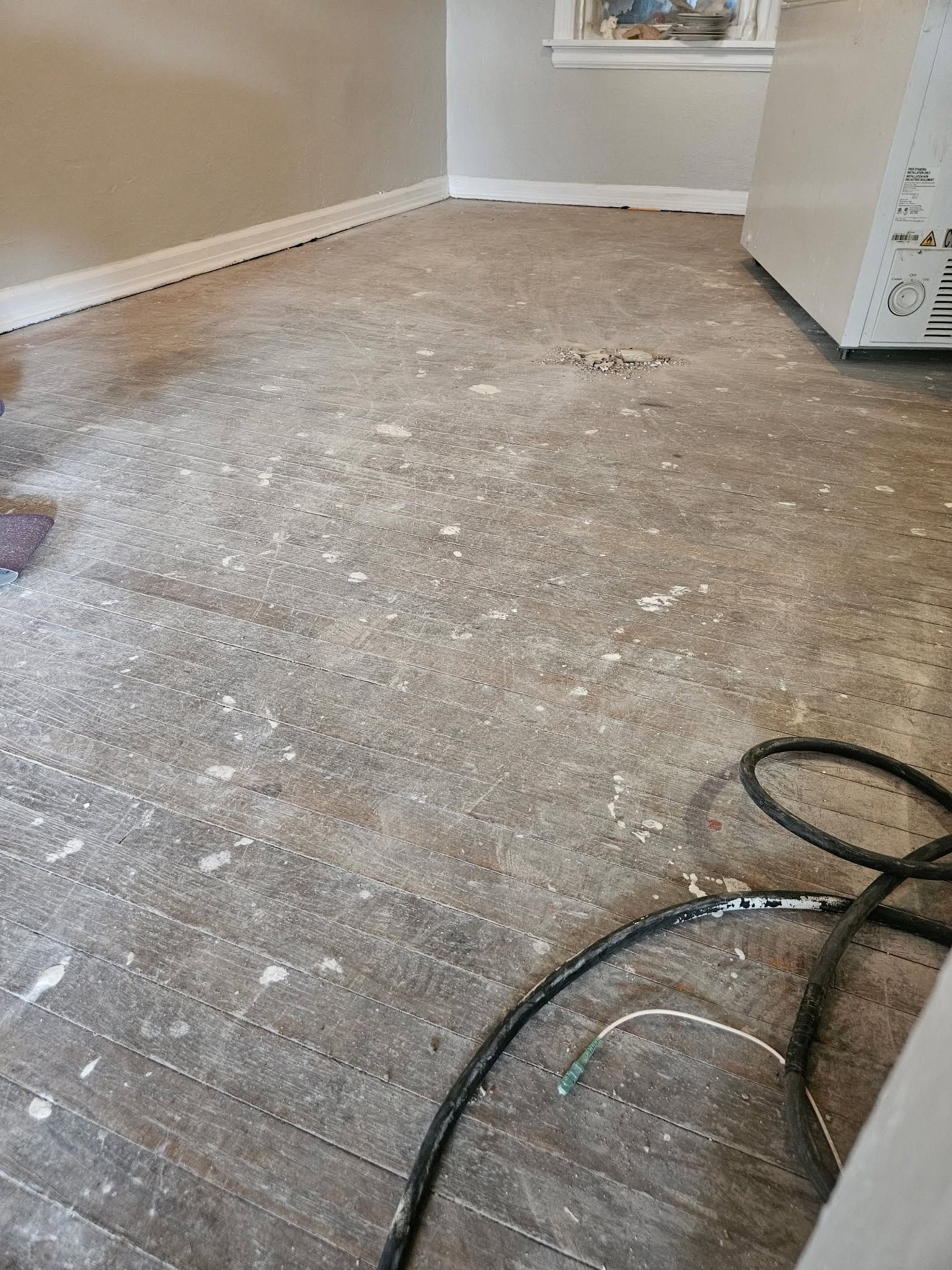 Dusty carpeted floor with white debris and a black cable in a room.