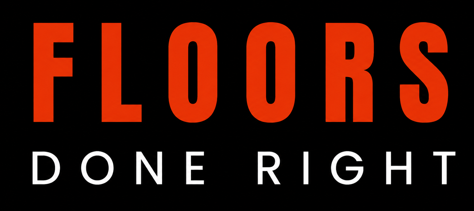 Logo reading “FLOORS DONE RIGHT” in orange and white on a black background