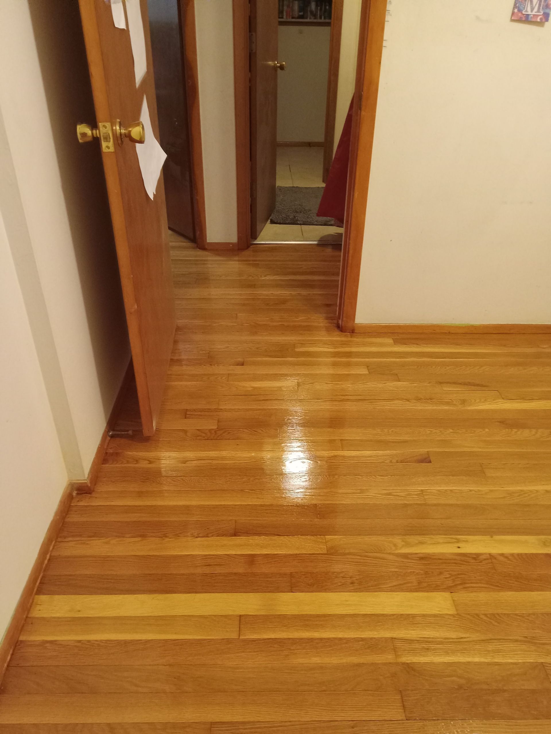 Shiny hardwood hallway floor leading to an open doorway and a carpeted room beyond