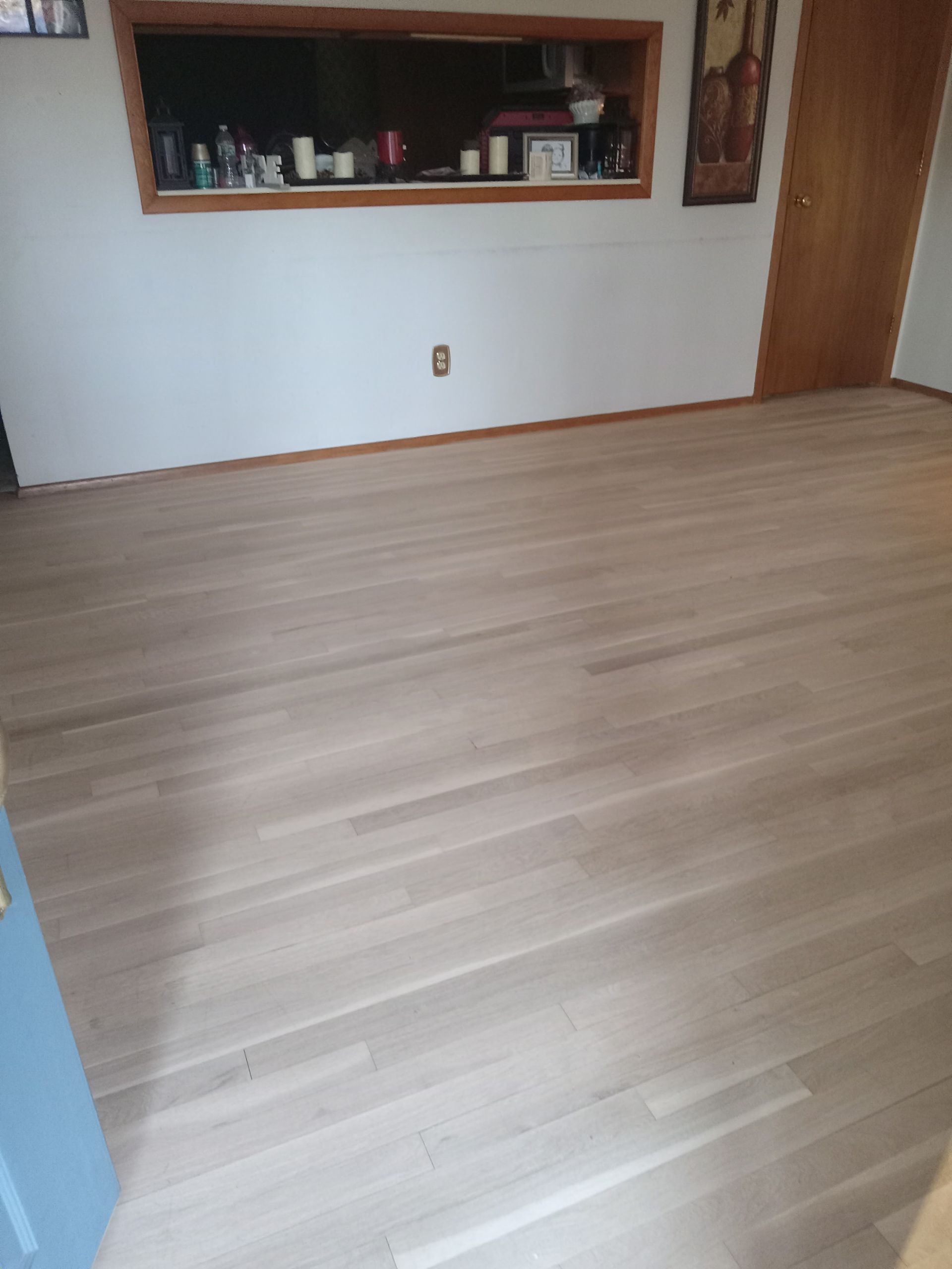 Empty room with light wood flooring, white walls, a built-in shelf, and a closed wooden door.