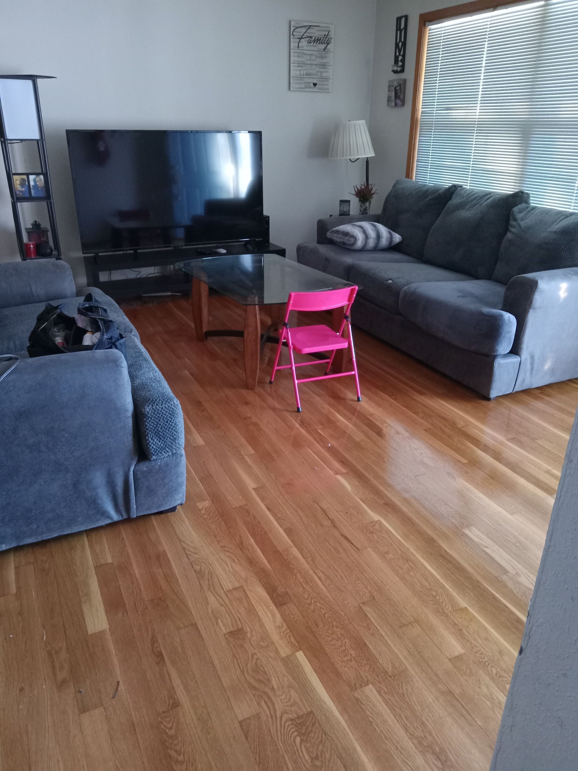 Living room with two gray couches, a TV, and a pink child’s chair on hardwood floor