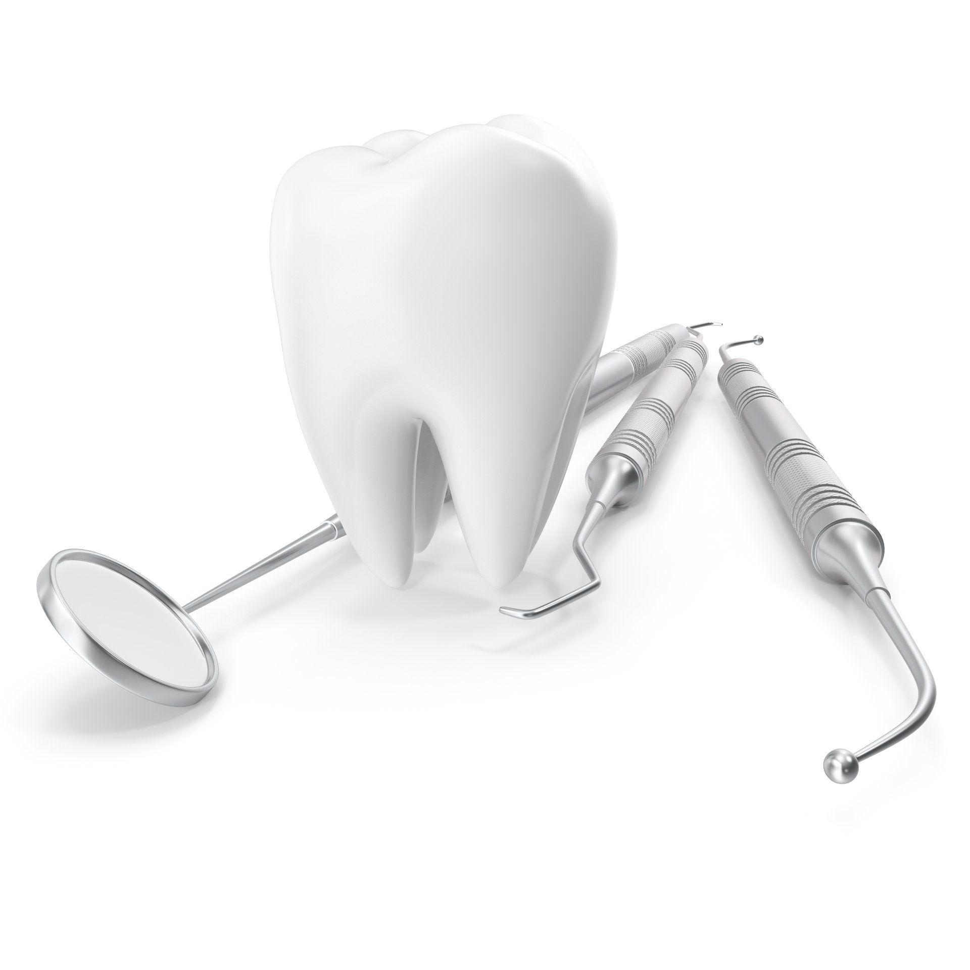 Une dent avec des instruments dentaires autour sur un fond blanc.