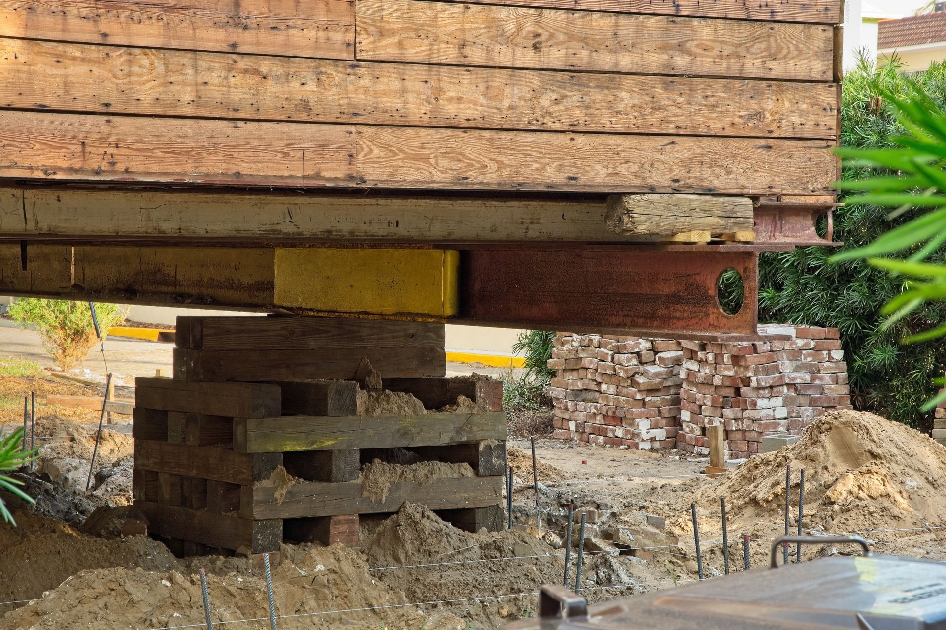 Wooden structure raised on stacked bricks and blocks in a dirt yard outdoors