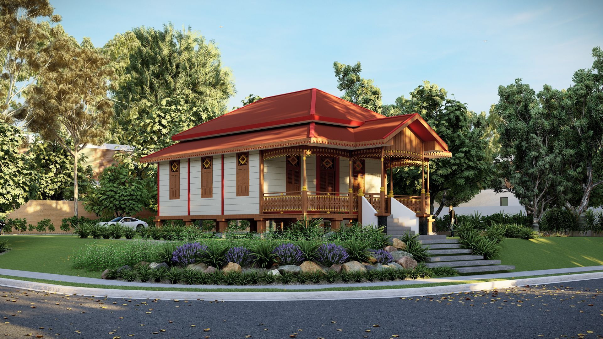 Single-story house with red roof, surrounded by lush garden and trees on a sunny day
