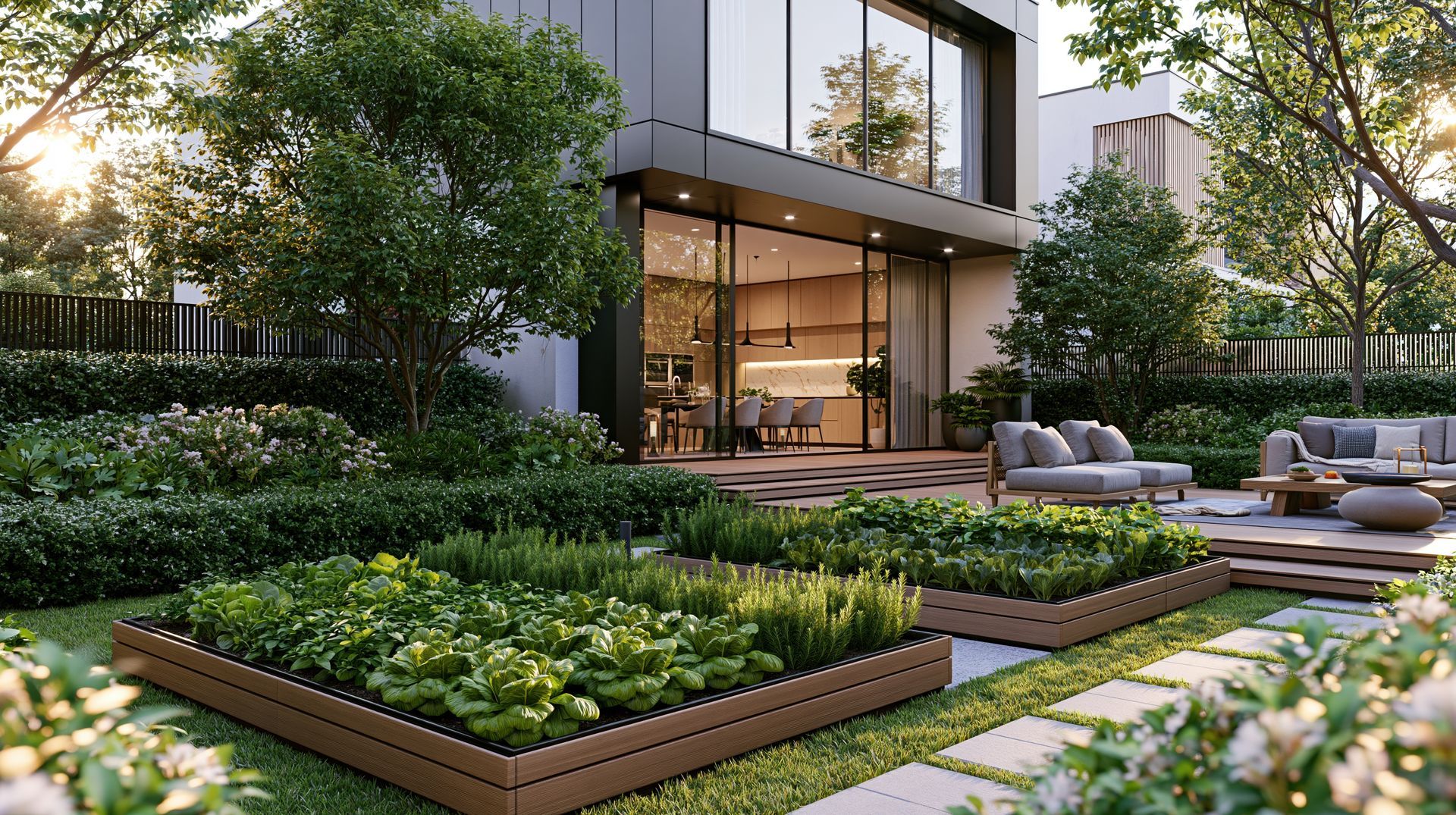 Modern home garden patio with raised planters, green shrubs, lounge seating, and floor-to-ceiling glass doors