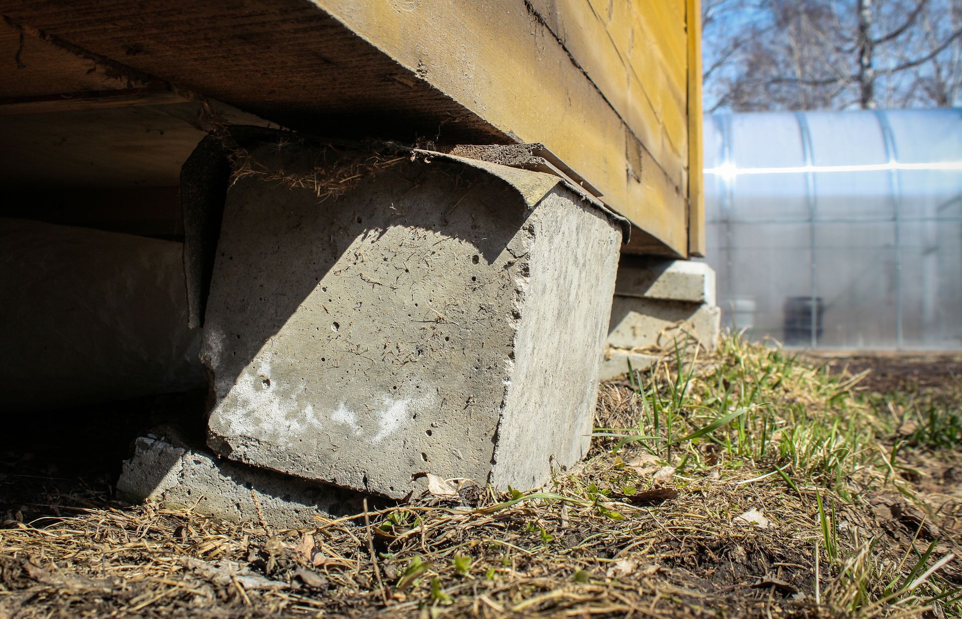 Wooden structure propped on a concrete block, with a plastic greenhouse and grass in the background