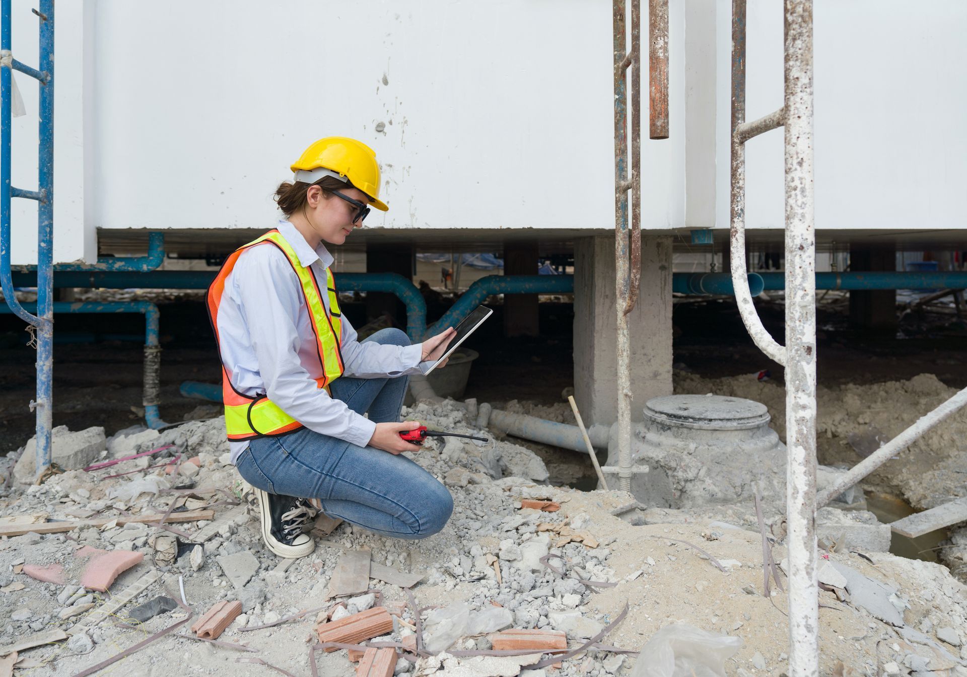 Construction worker kneeling on rubble, wearing a hard hat and safety vest, inspecting a tablet at a building site.